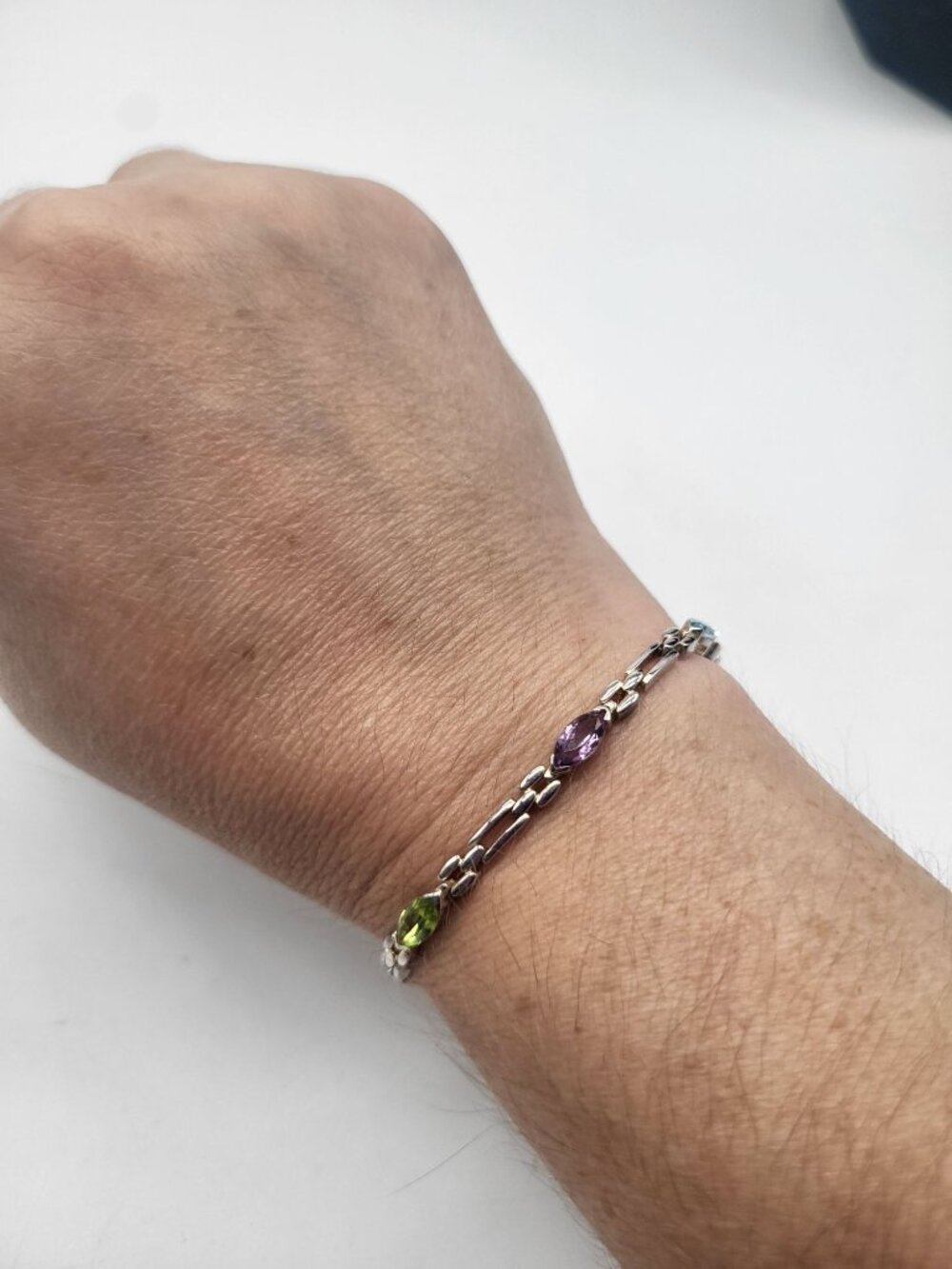 Vintage 925 ATI Multicolor Gemstone Birthstone Sterling Silver Link Bracelet